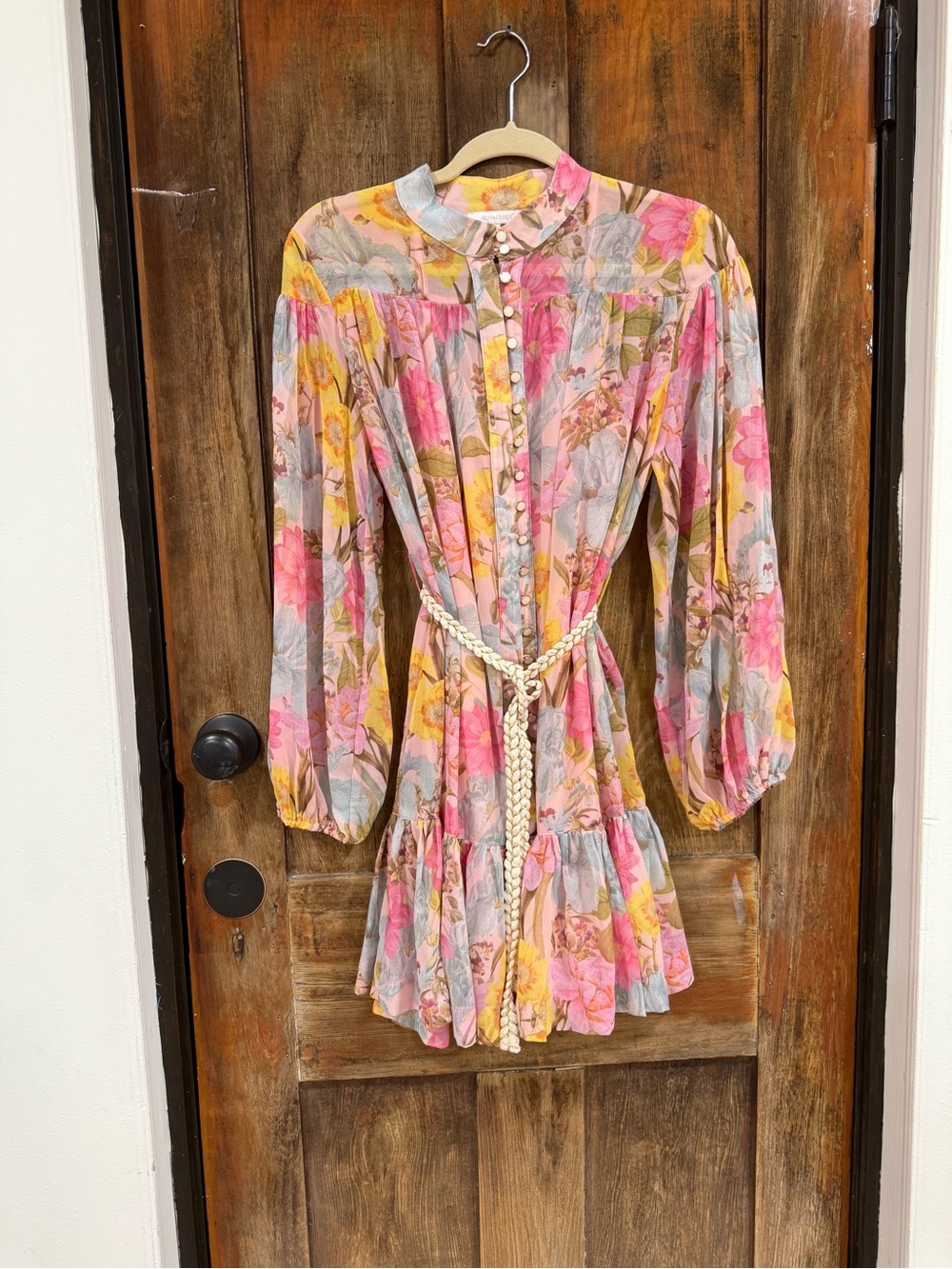 Olivaceous Pink & Yellow Floral Button-Front Midi Dress with Braided Waist Tie